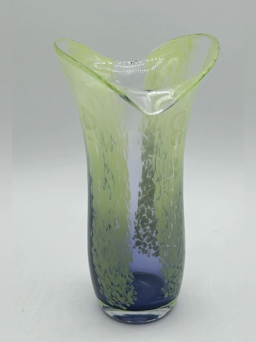 Vintage Teleflora Lime Green Blue Art Glass Vase Speckled Flared Lip Hand Blown